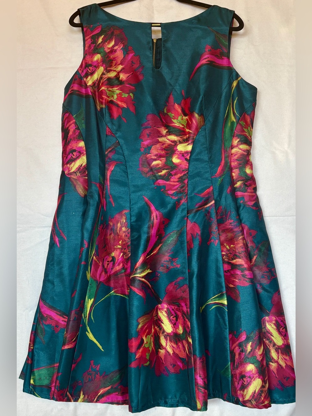Gabby Skye Teal Floral Fit & Flare Cocktail Dress Gold Zip Plus Size 16W